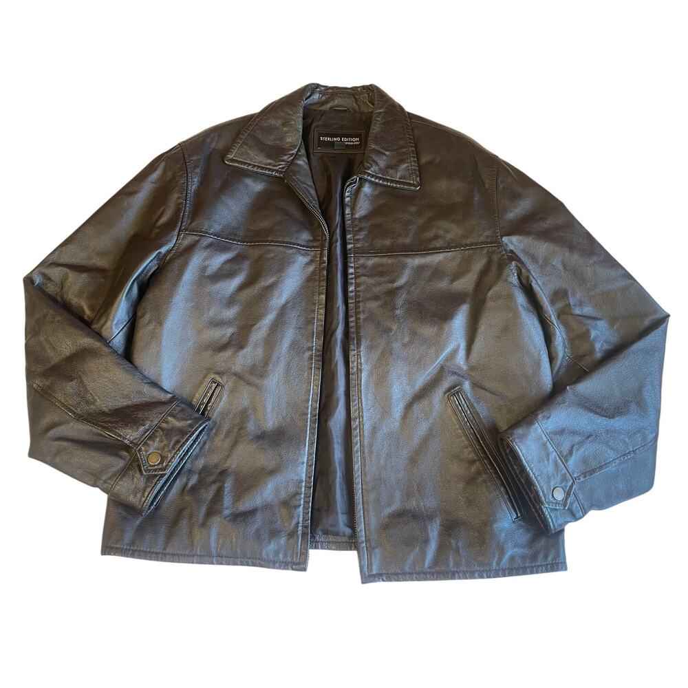 Sterling Edition London Fog Black Genuine Leather Retro Collared Jacket Med Y2K